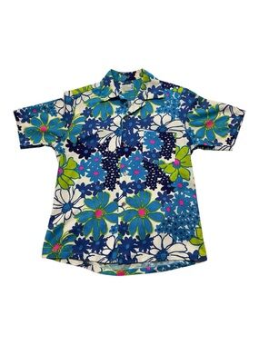 Tohki Hawaiian Vintage Floral Button Front Shirt Blue Green Pink Men’s M